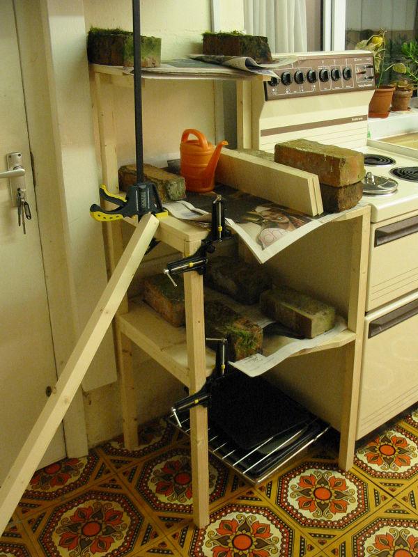 [kitchen shelf during construction]
